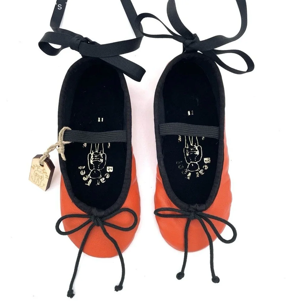 Bear Feet BBG Orange Black Leather Soft Sole Ballerina Flats Kids Size 11